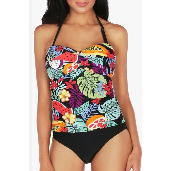 Caribbean Joes NWT Tropical Fruit Print One-Piece Swimsuit Blouse-On Size 12 - Picture 1 of 8